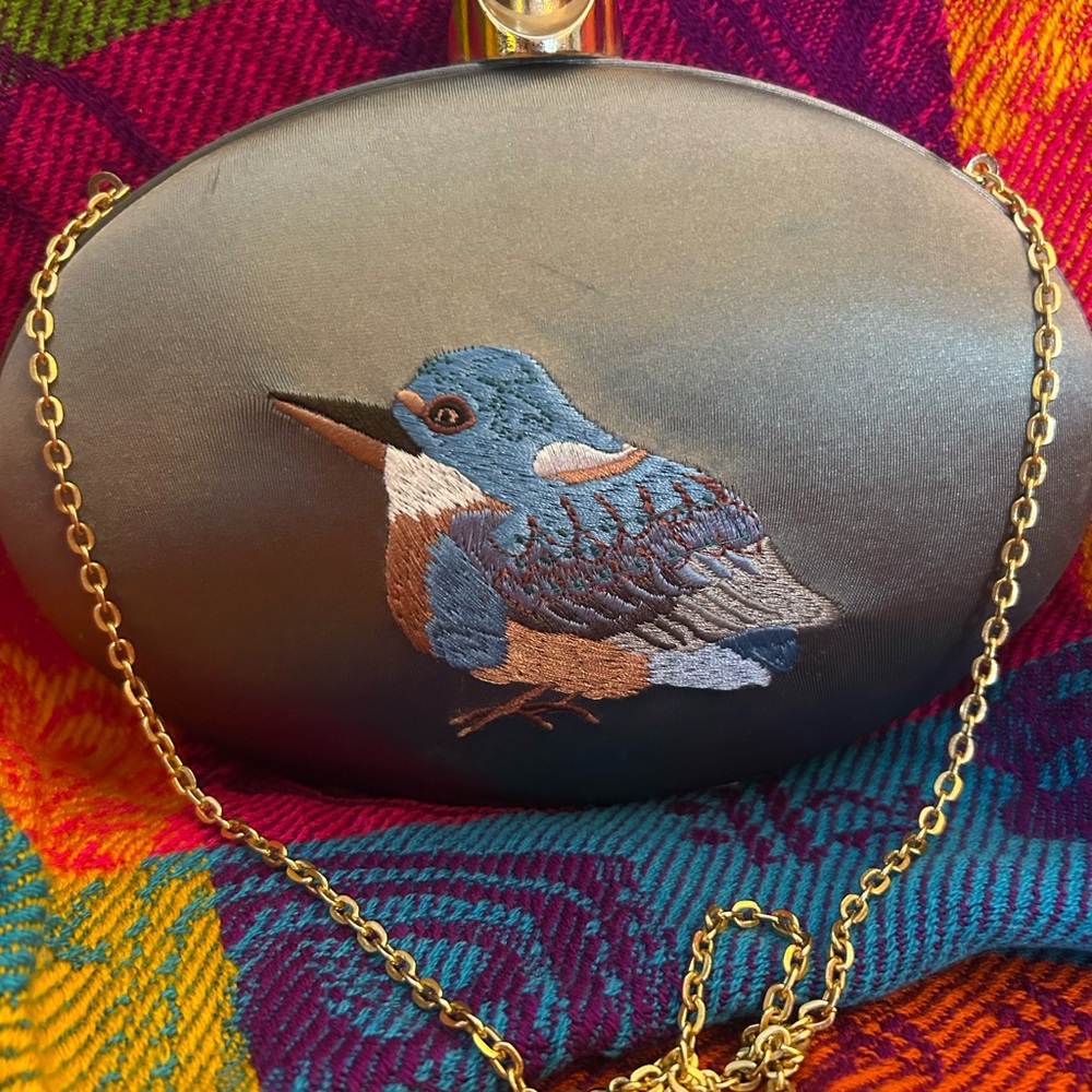 Embroidered Bird Design Clutch - Black and Blue